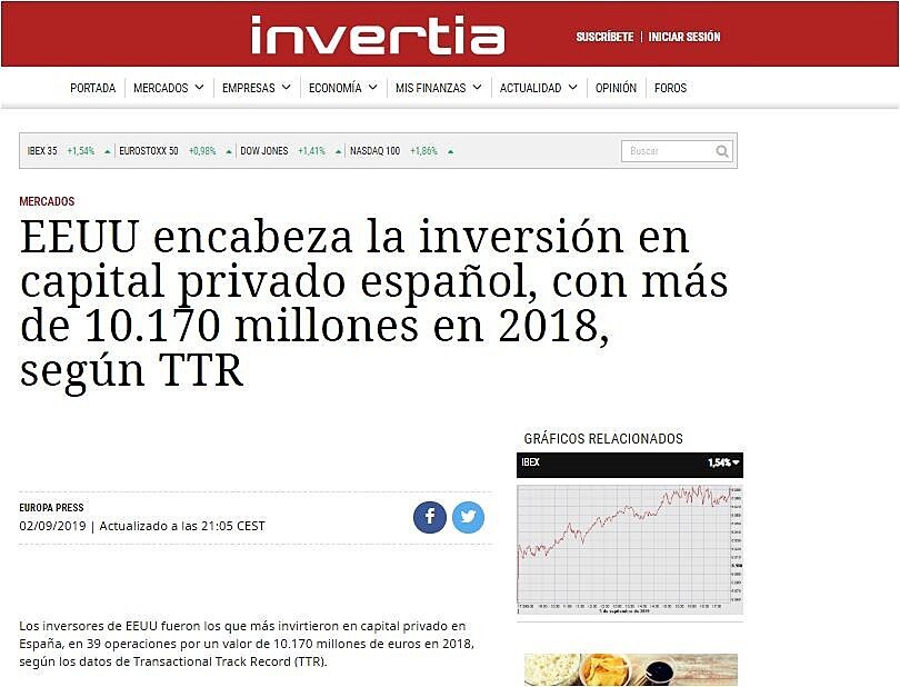 EEUU encabeza la inversin en capital privado espaol, con ms de 10.170 millones en 2018, segn TTR